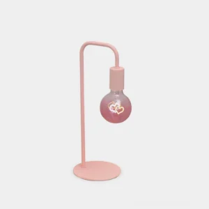 Signal Heart Table Lamp in pastel pink with heart-shaped filament bulb, front studio view on white background showing minimalist metal design