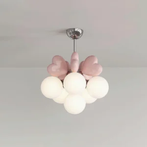 Heart-shaped glass ball pendant chandelier showing detailed construction and frosted acrylic shades