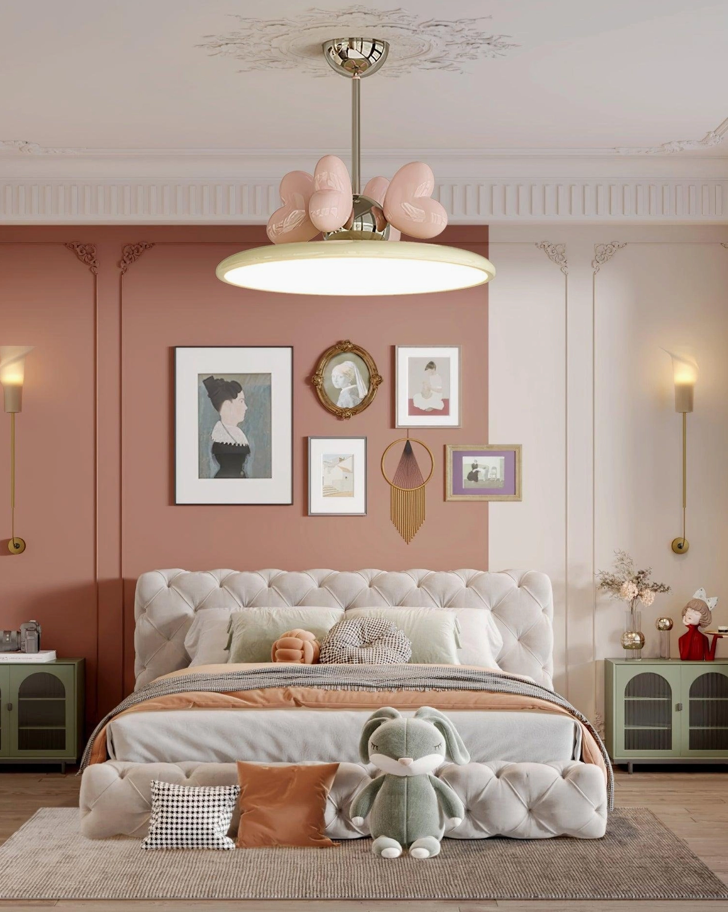 Contemporary heart pendant lamp in retro French bedroom with warm pink decor