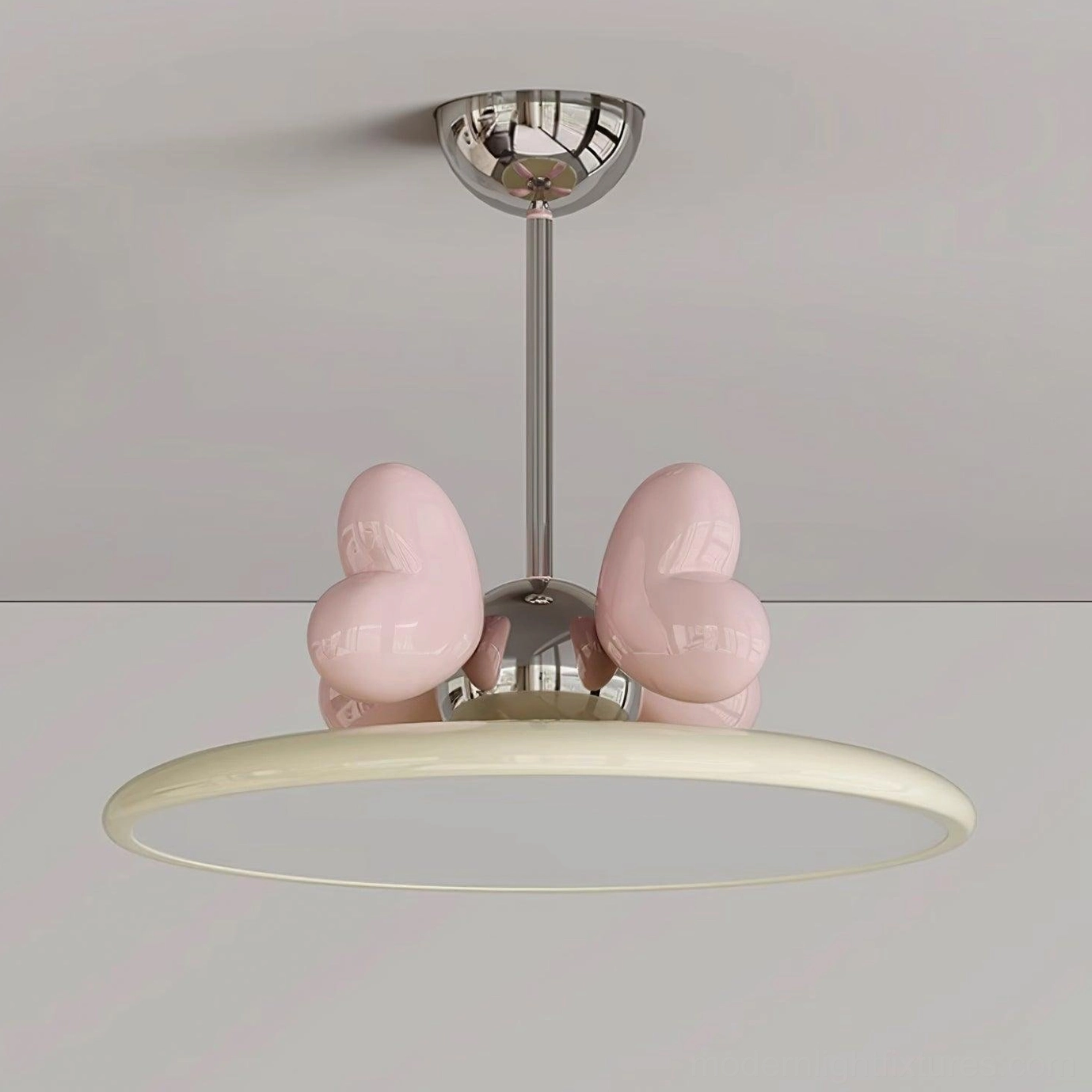 Heart pendant light color variants display in chrome pink green beige options