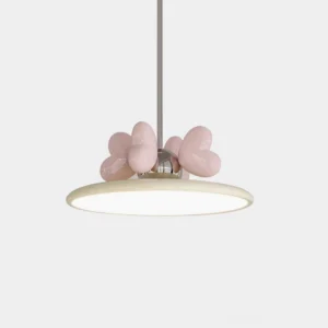 Modern heart pendant light with pink heart decor and creamy acrylic shade on white background