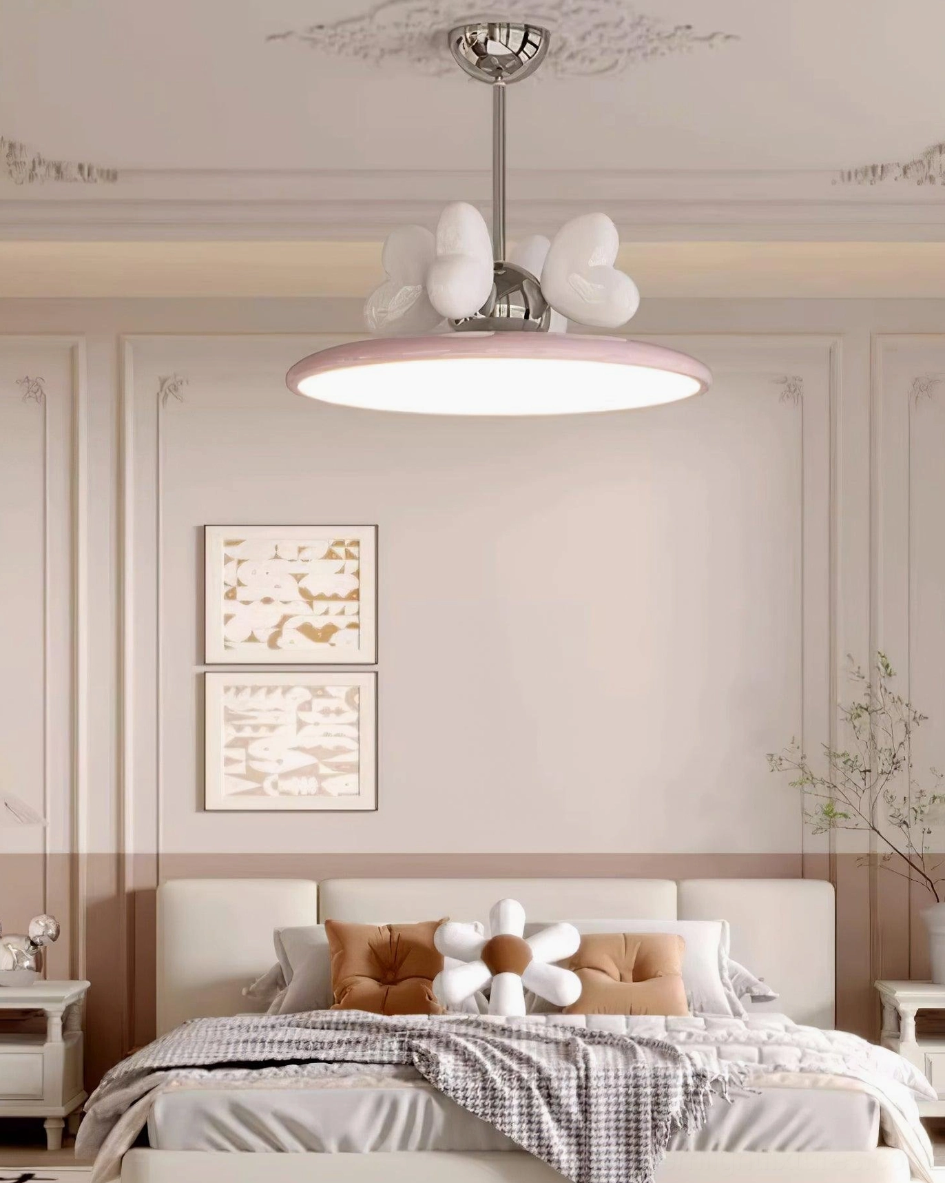 Heart pendant lamp installation view with chrome hanging rod and hardware