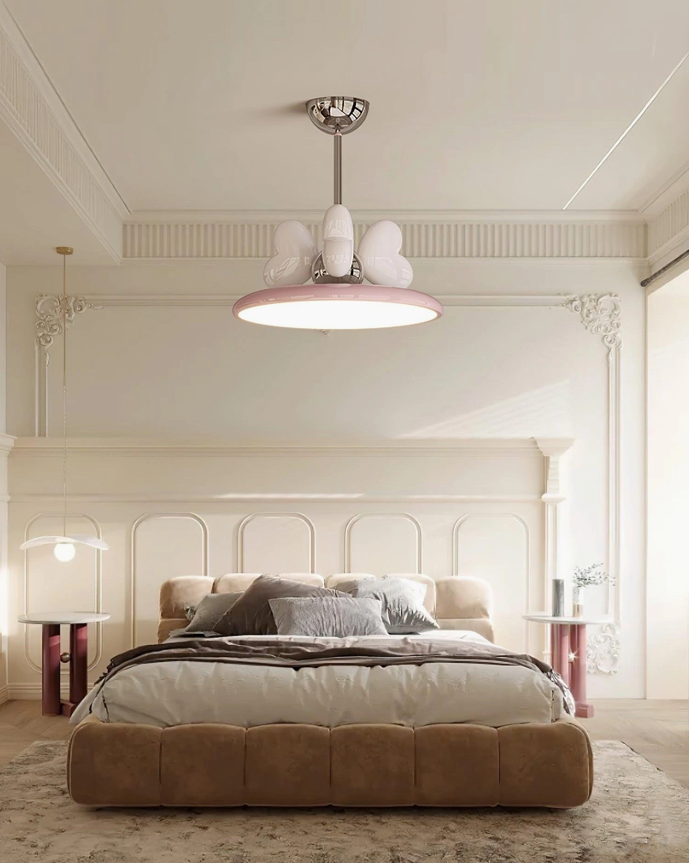 Modern heart pendant light with white heart design in minimalist beige bedroom