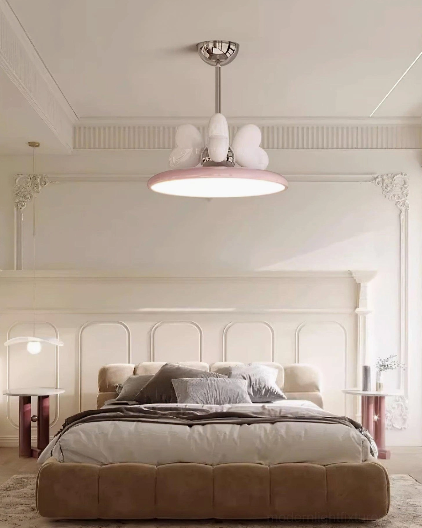 Contemporary heart pendant light with white heart decor in minimal beige bedroom