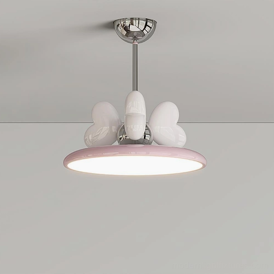 Heart pendant lamp detail shot with white heart design and pink-rimmed acrylic shade