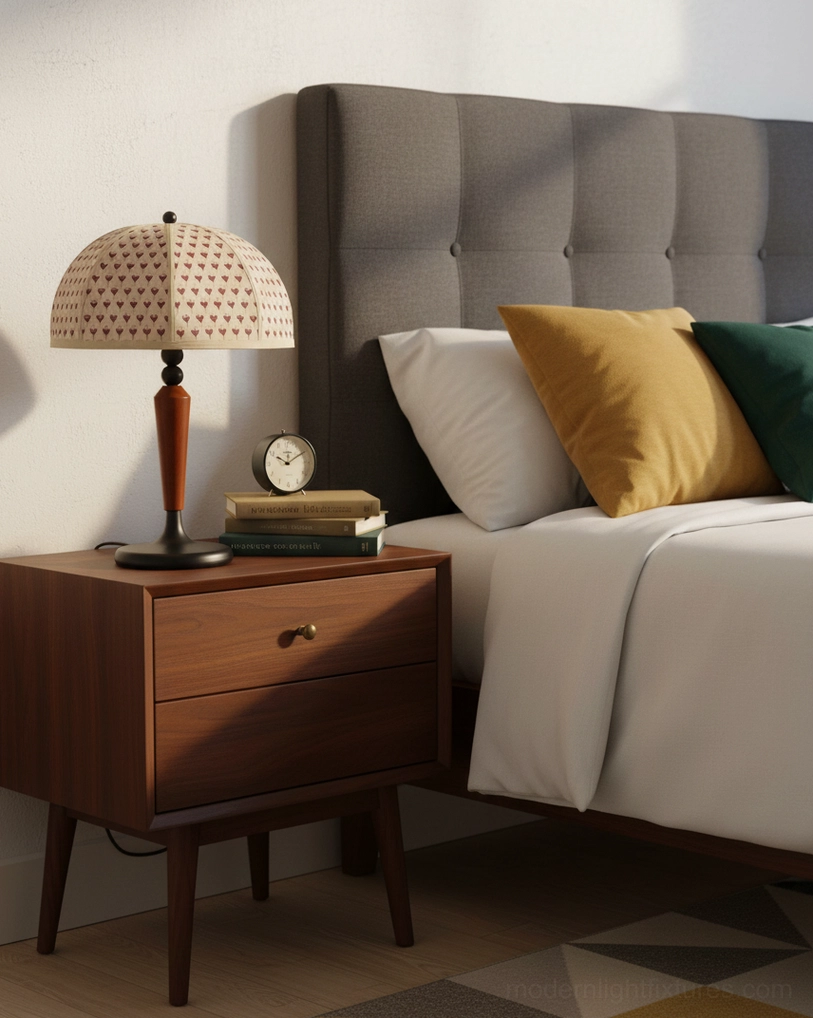 Heart-printed dome table lamp side view bedroom nightstand with books and alarm clock