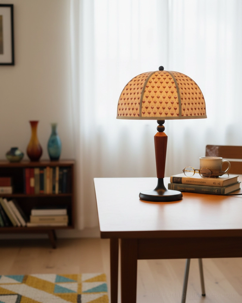 Heart-printed dome table lamp three-quarter view side table books and coffee cup