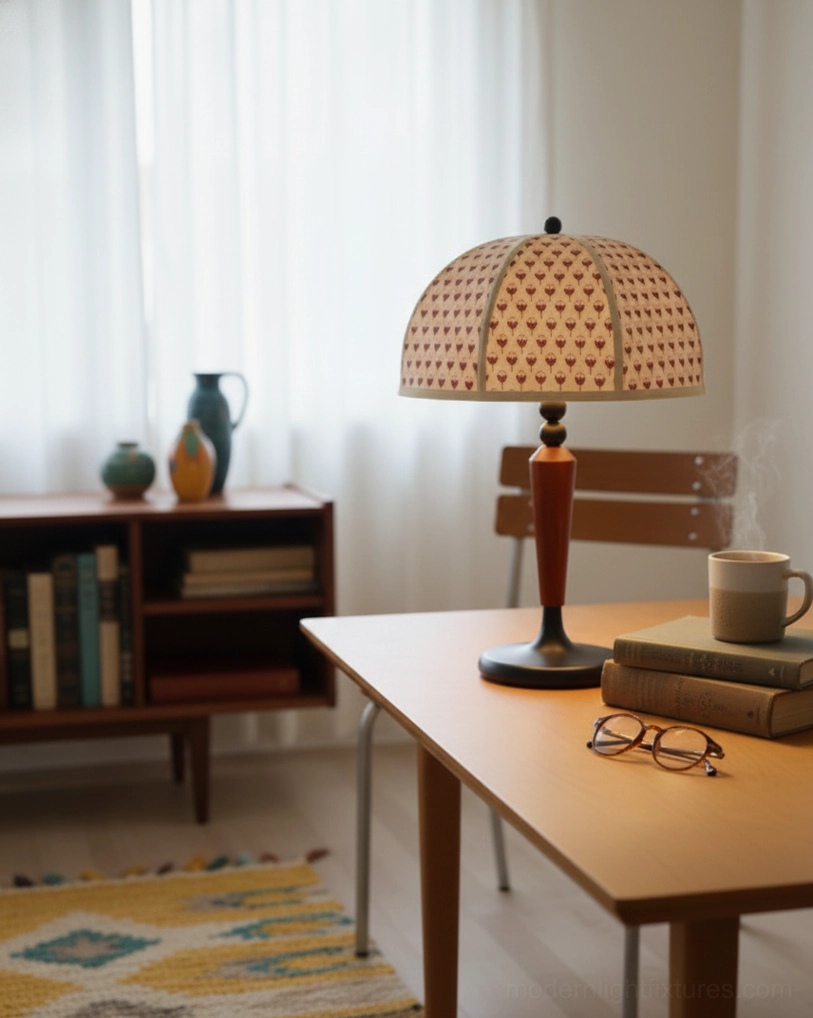 Heart-printed dome table lamp three-quarter view home study desk with books and glasses