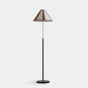 Hearthline plaid floor lamp with conical fabric shade and dark wood stem, front view on white background