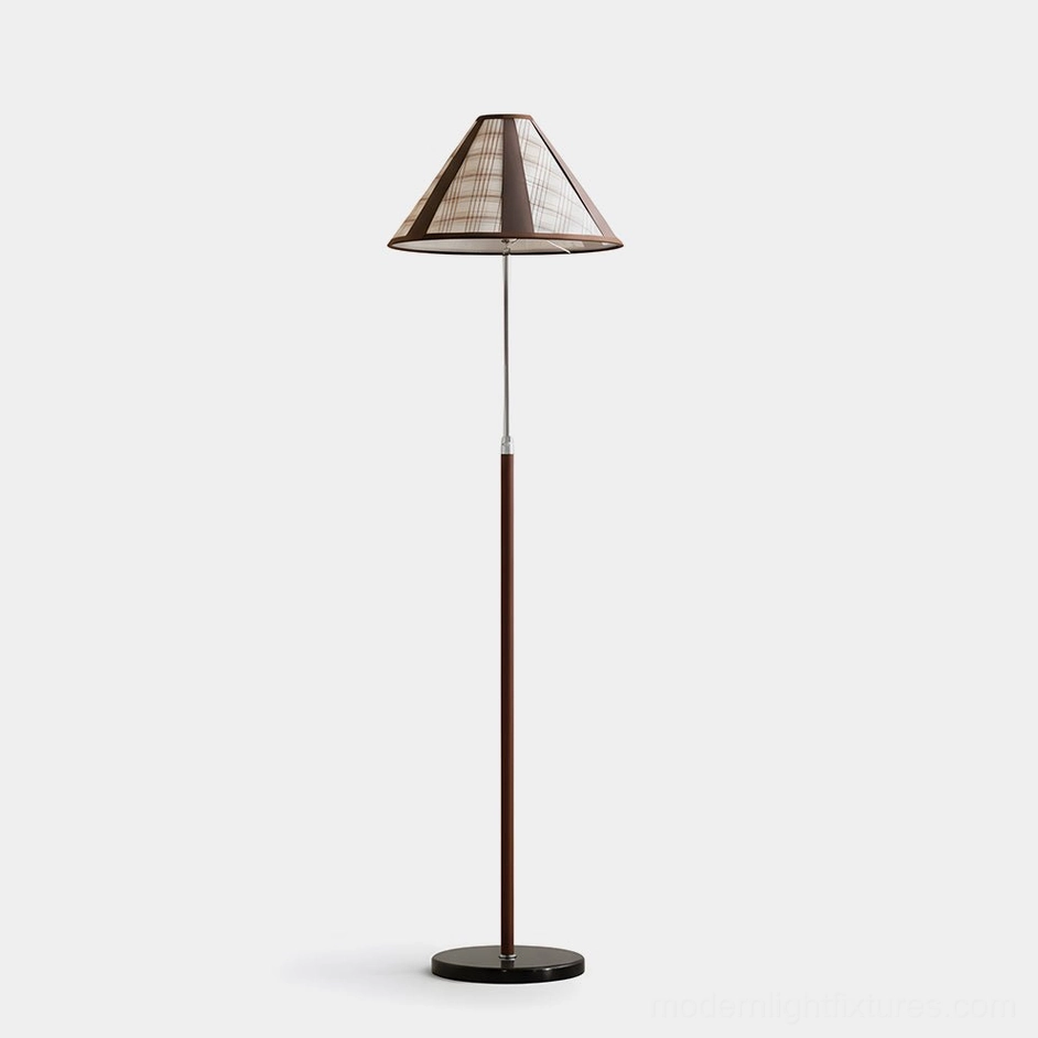 Hearthline plaid floor lamp with conical fabric shade and dark wood stem, front view on white background