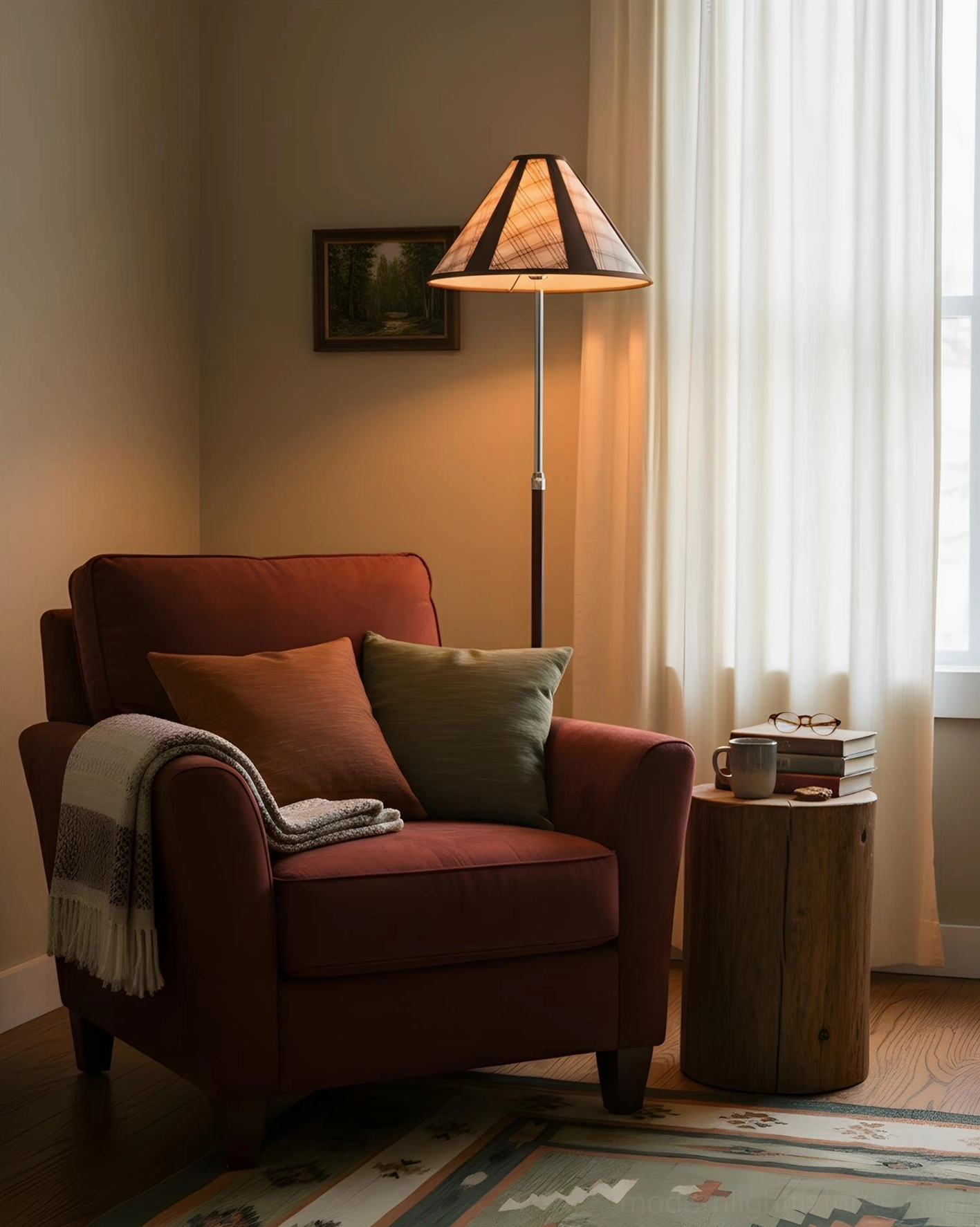 Hearthline plaid floor lamp detailed shade close-up showing fabric weave pattern and warm light diffusion