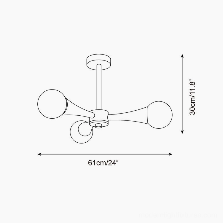 Hedra 3 heads ceiling lamp technical schematic 61cm width 30cm height specifications