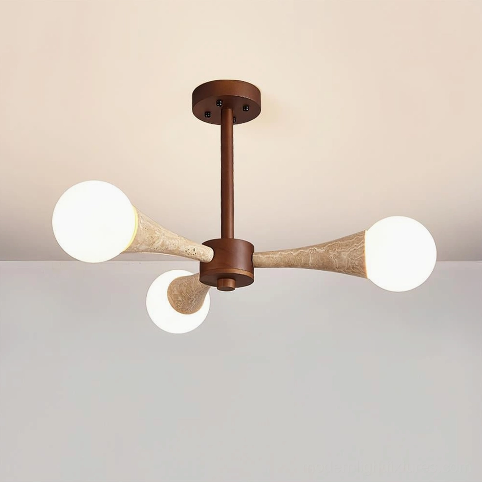 Hedra 3 heads ceiling chandelier walnut finish mounted above bed