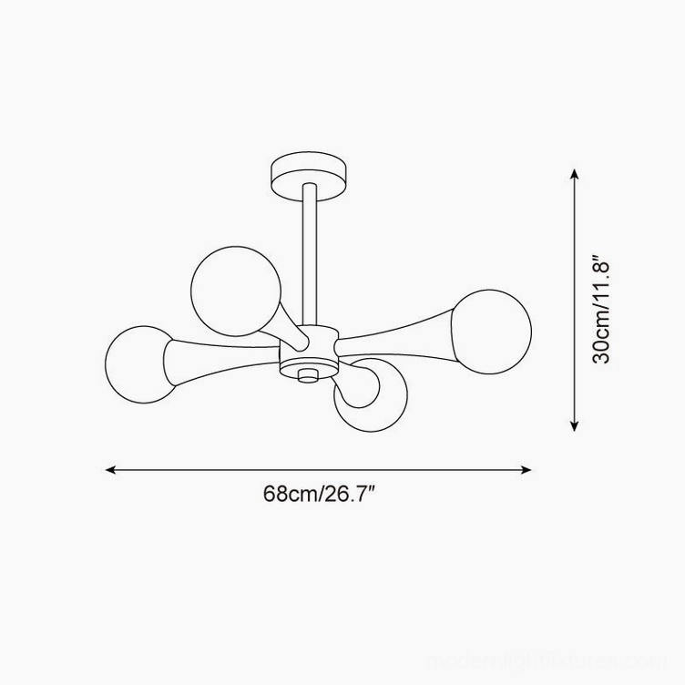 Hedra 4 heads ceiling chandelier technical line drawing 68cm width 30cm height