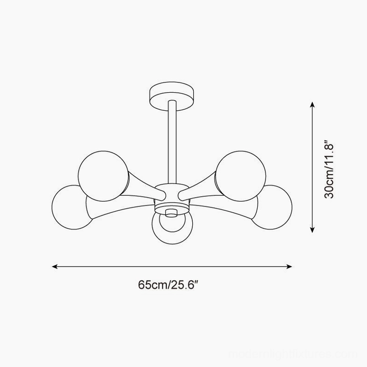 Hedra 5 heads ceiling lamp schematic diagram 65cm width 30cm height measurements