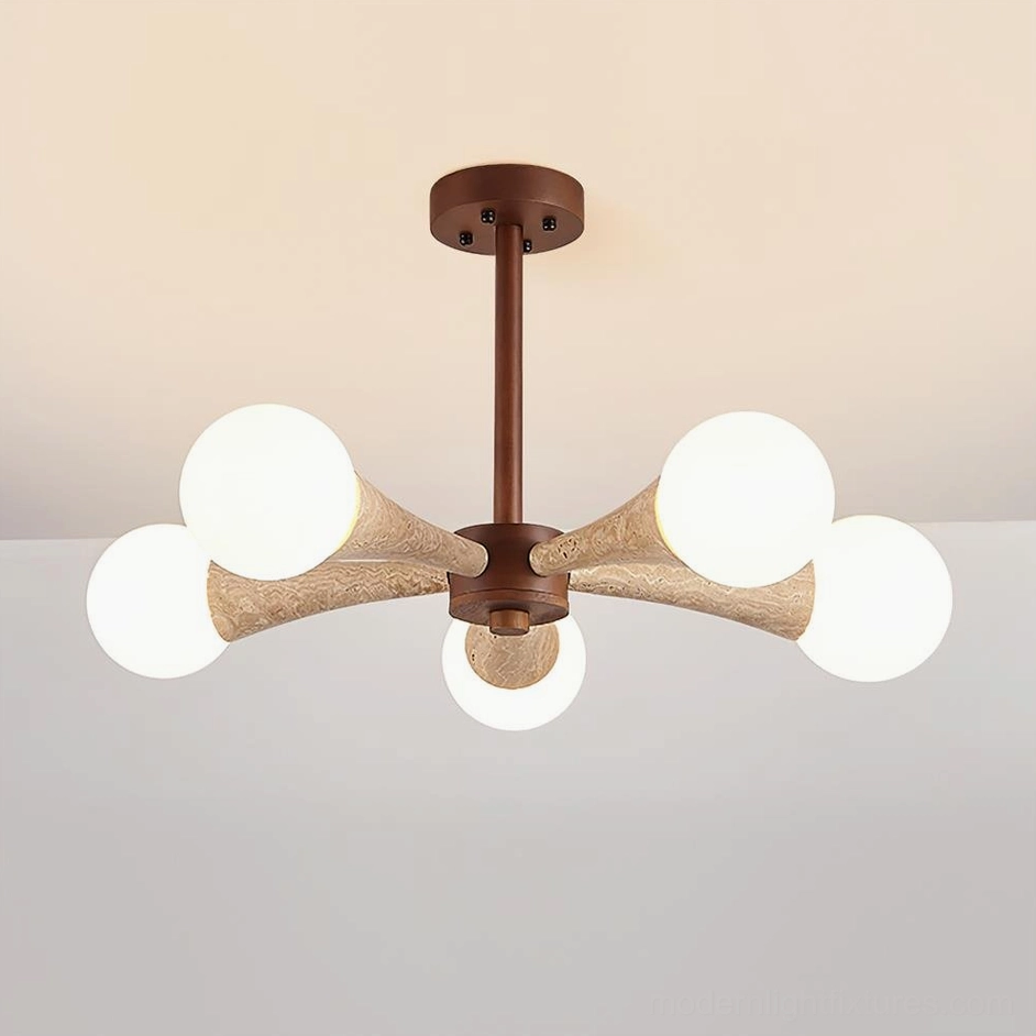 Hedra 5 heads ceiling lamp walnut color with travertine arms detail view