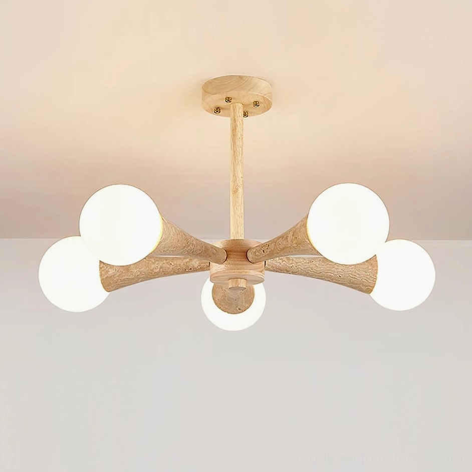 Hedra 5 heads ceiling lamp wood color finish in residential bedroom setting