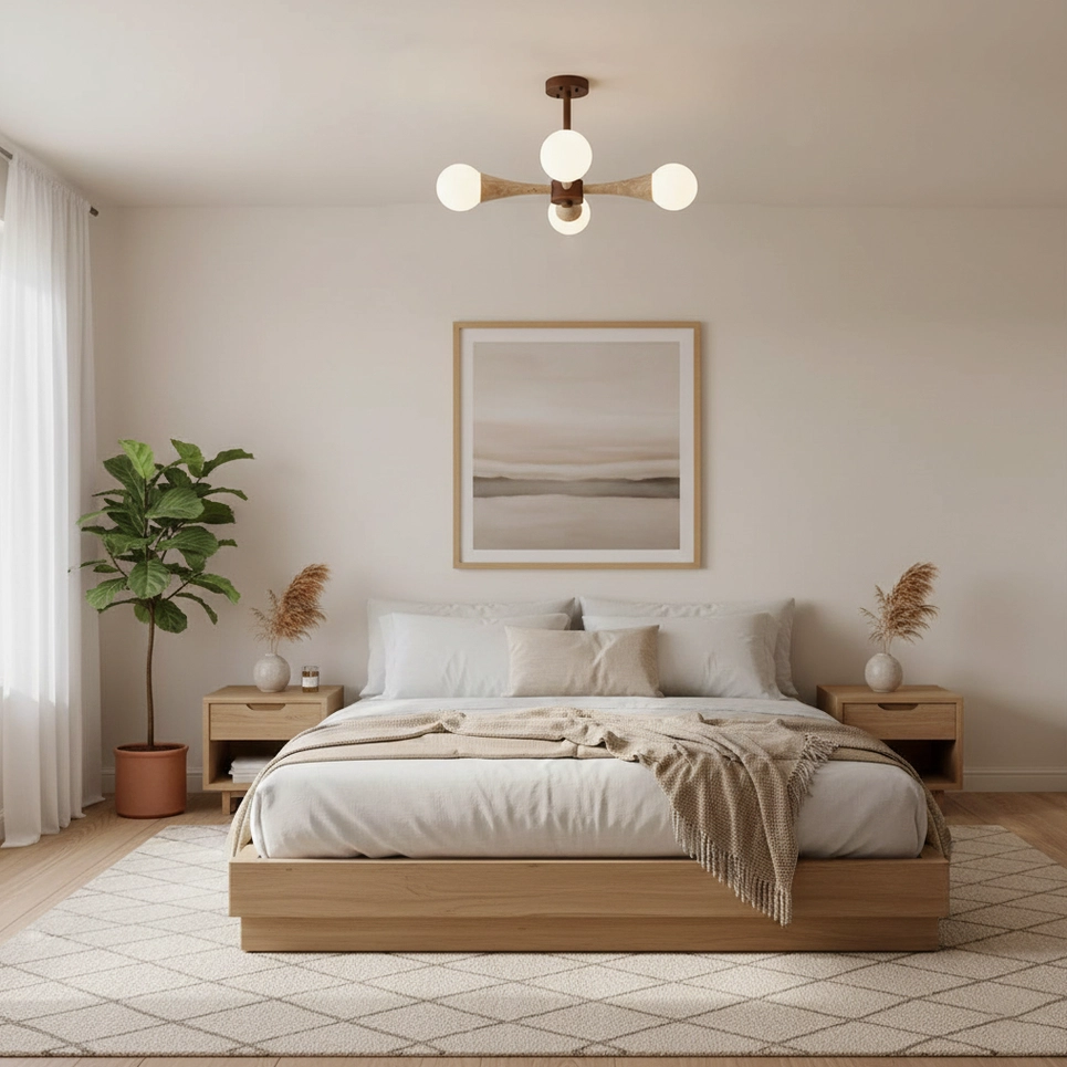 Hedra organic branch ceiling light mounted in minimalist bedroom with soft bedding