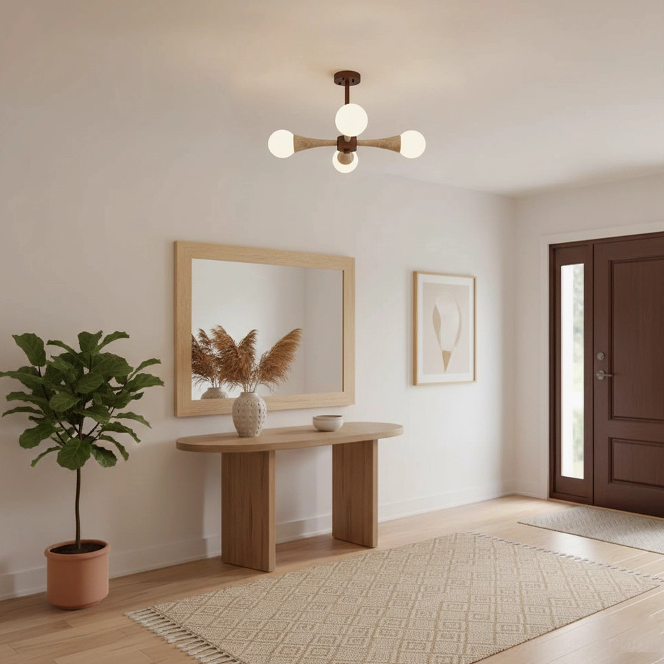Hedra ceiling lamp installed in modern entryway with warm wood interior design