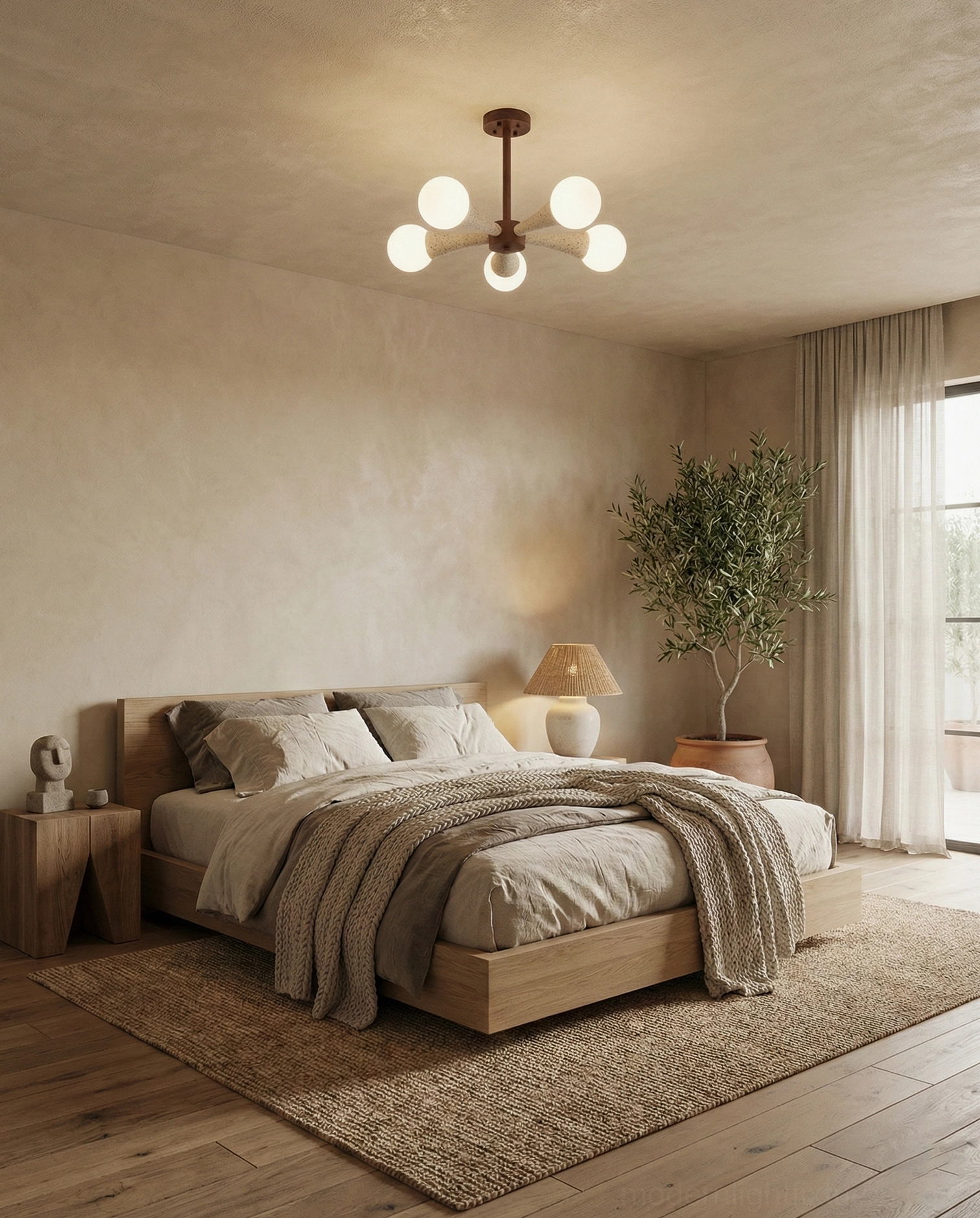 Hedra modern ceiling fixture with opal glass diffusers spreading warm ambient light