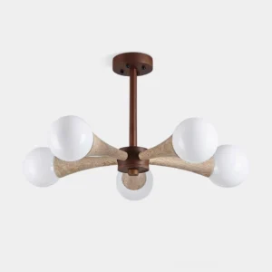 Hedra modern ceiling lamp front view with travertine arms and opal glass globes