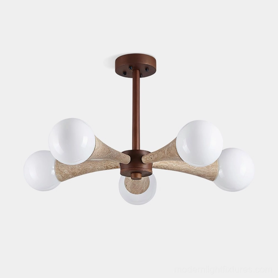 Hedra modern ceiling lamp front view with travertine arms and opal glass globes