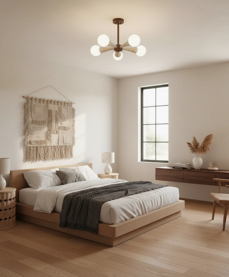 Hedra organic modern ceiling light showing wood arm texture and natural finish