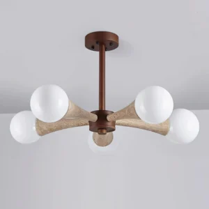 Hedra ceiling chandelier close-up detail showing natural wood canopy and stone arms