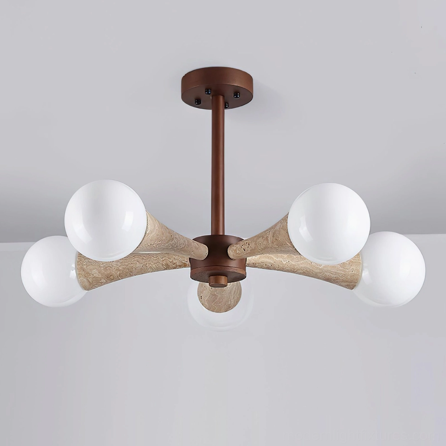 Hedra ceiling chandelier close-up detail showing natural wood canopy and stone arms