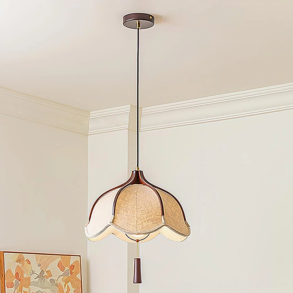 Helia 40cm scalloped pendant light with beige fabric shade and walnut wood frame, direct product view