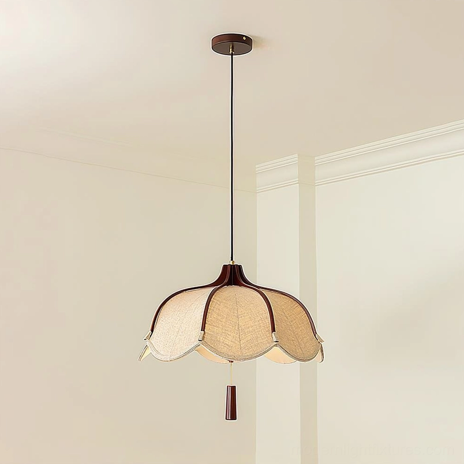 Helia 50cm scalloped pendant light with beige linen shade and dark walnut wood accents, full product shot