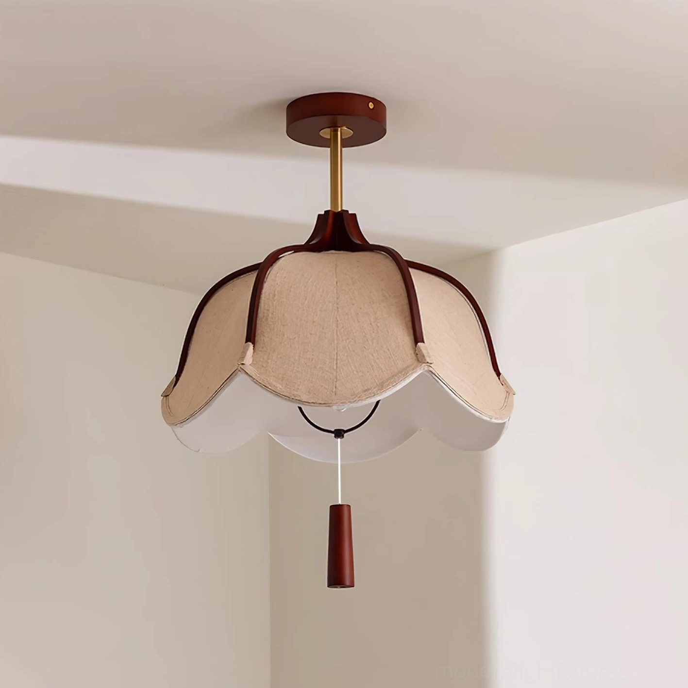 Helia 40cm fabric ceiling light fixture back three-quarter view showing inner white shade lining and canopy construction