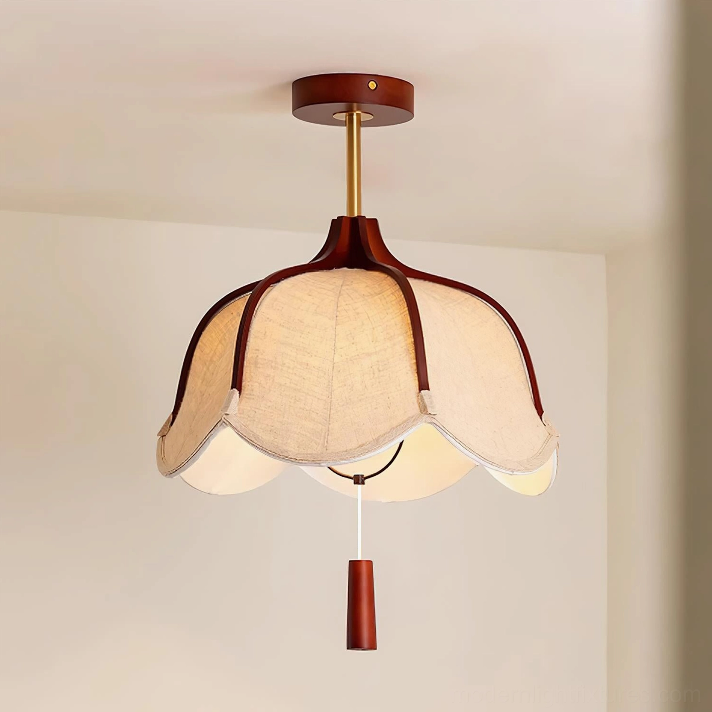 Helia 50cm fabric pendant light in residential interior, three-quarter view displaying warm ambient lighting and wood hardware details