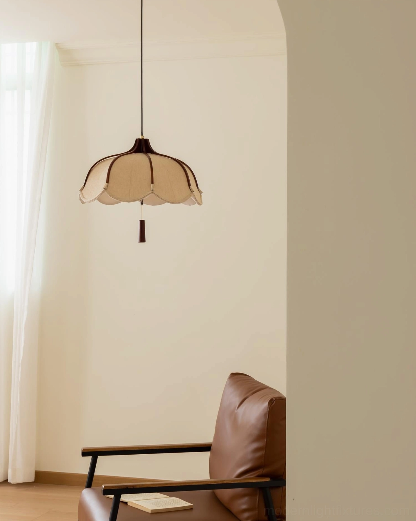 Helia fabric pendant lamp low-angle view showing scalloped linen shade, minimalist residential interior