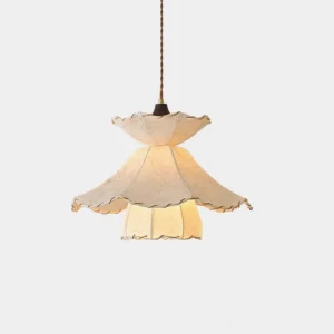 Helia scalloped fabric pendant light with white embroidered shade and gold trim, frontal view