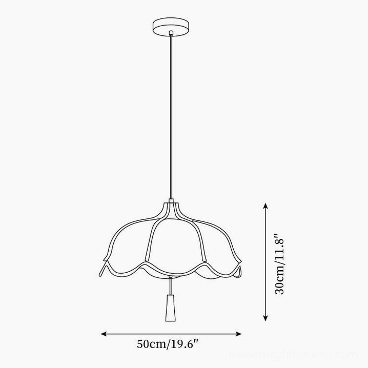 Technical line drawing of Helia pendant light 50cm diameter, orthographic side view with specifications