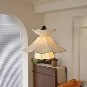 Helia vintage fabric pendant lamp with double-layer ruffled shade displayed in elegant living room setting