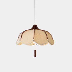 Helia scalloped fabric pendant light with walnut wood frame and beige linen shade, frontal studio view