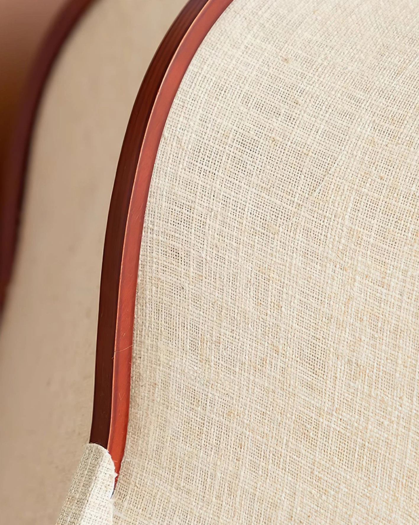 Helia pendant light close-up detail of woven linen fabric shade with solid wood trim edging