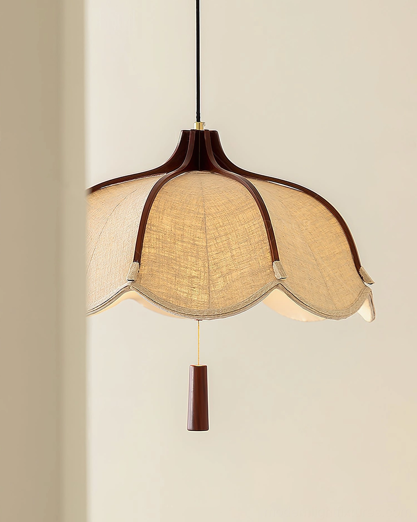 Helia scalloped pendant light frontal view with linen fabric shade and wooden hanging pull tab