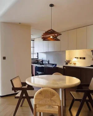 Heliora wooden pendant light installed in contemporary kitchen dining space