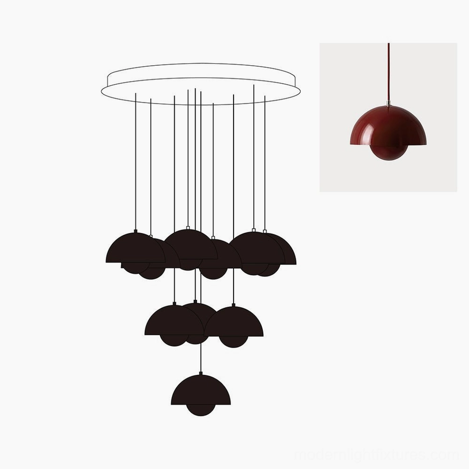 Contemporary pendant chandelier detail showing hemispherical dome alignment and lighting effect