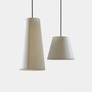 Hemline stitched fabric pendant light front flat display showing two sizes with hand-stitched edge detail on off-white parchment shade