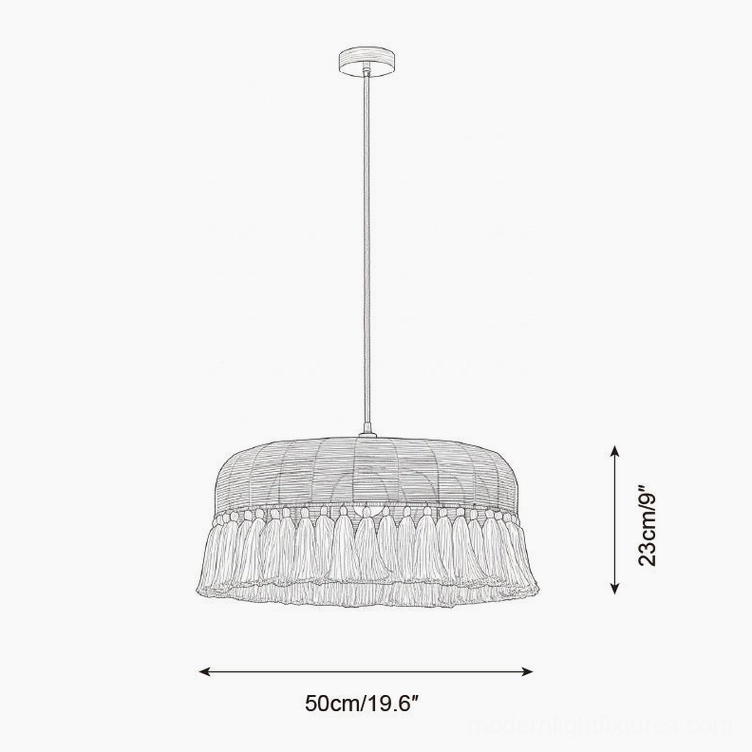 Woven hemp pendant lamp size guide technical drawing displaying 50cm diameter and 23cm height specifications