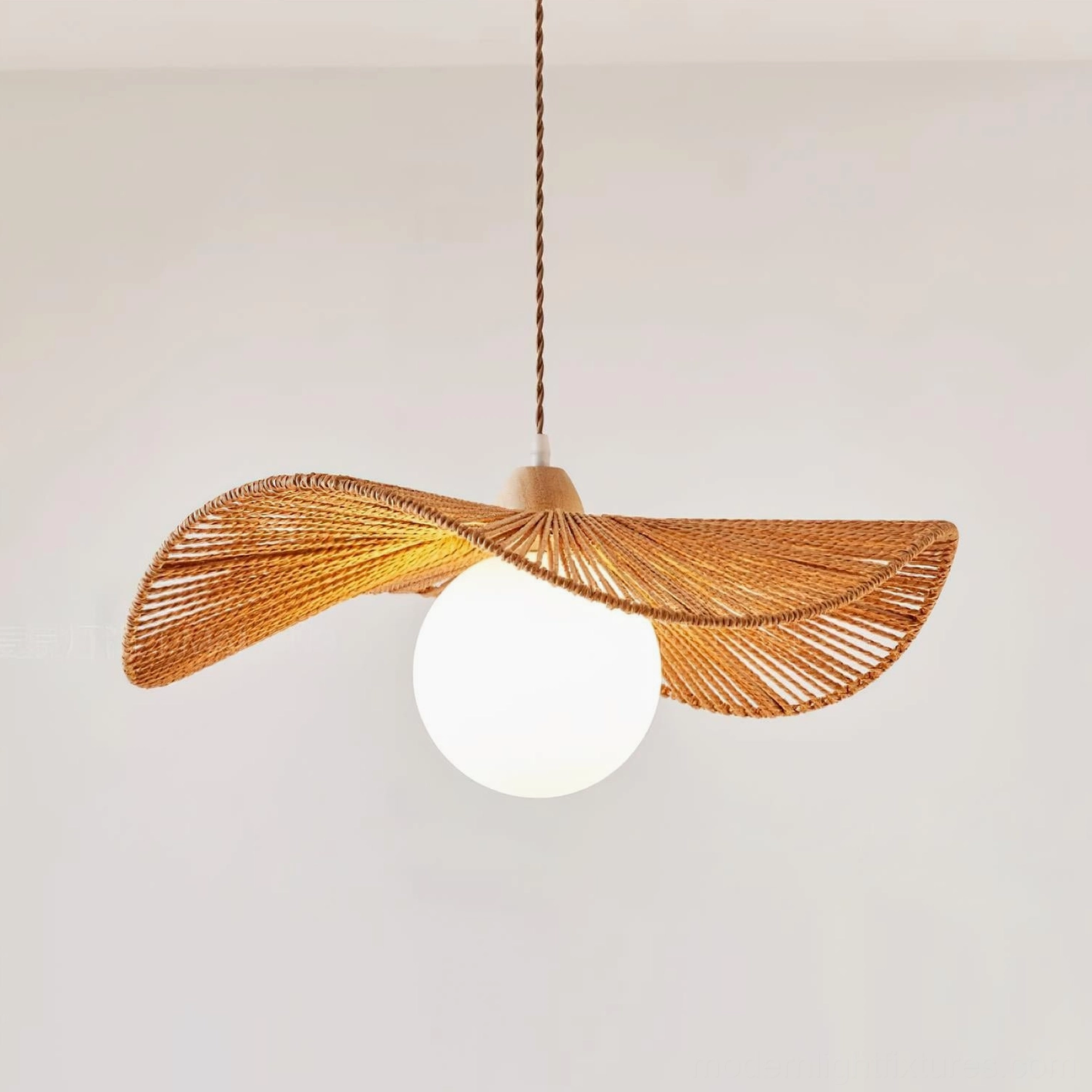 Hemp rope woven pendant light flat studio view showing detailed shade construction and material texture