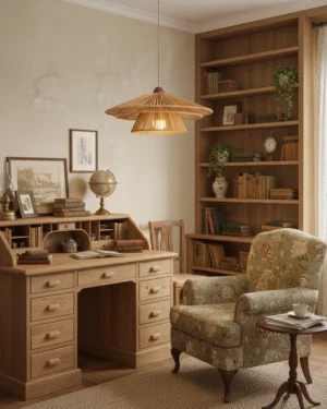 Boho hemp rope pendant light installed in warm home office study, creating ambient lighting over wooden desk