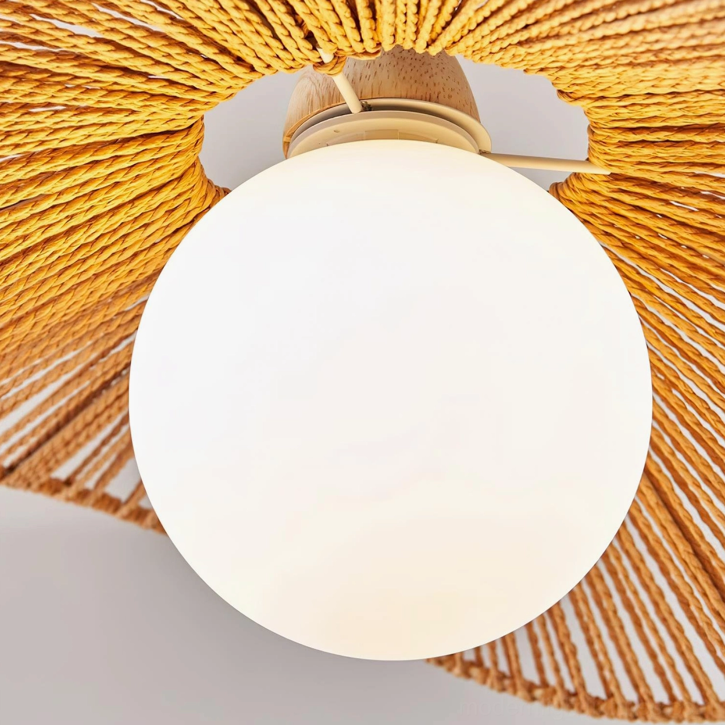 Modern hemp rope woven pendant lamp installation detail with cord and mounting hardware