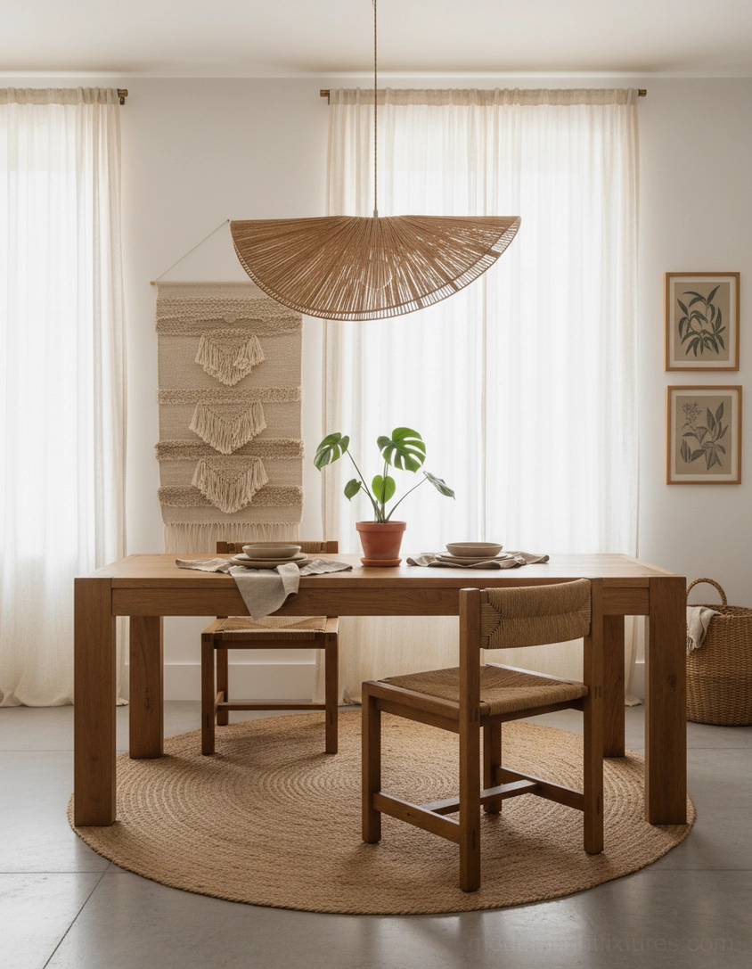 Natural fiber woven straw hat pendant light in bedroom with sheer window curtains and soft lighting