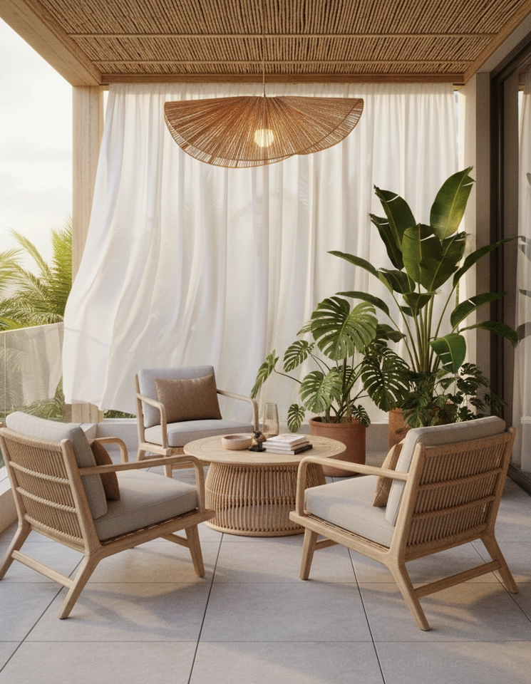 Natural brown woven hemp rope straw hat pendant light in outdoor patio lounge seating area