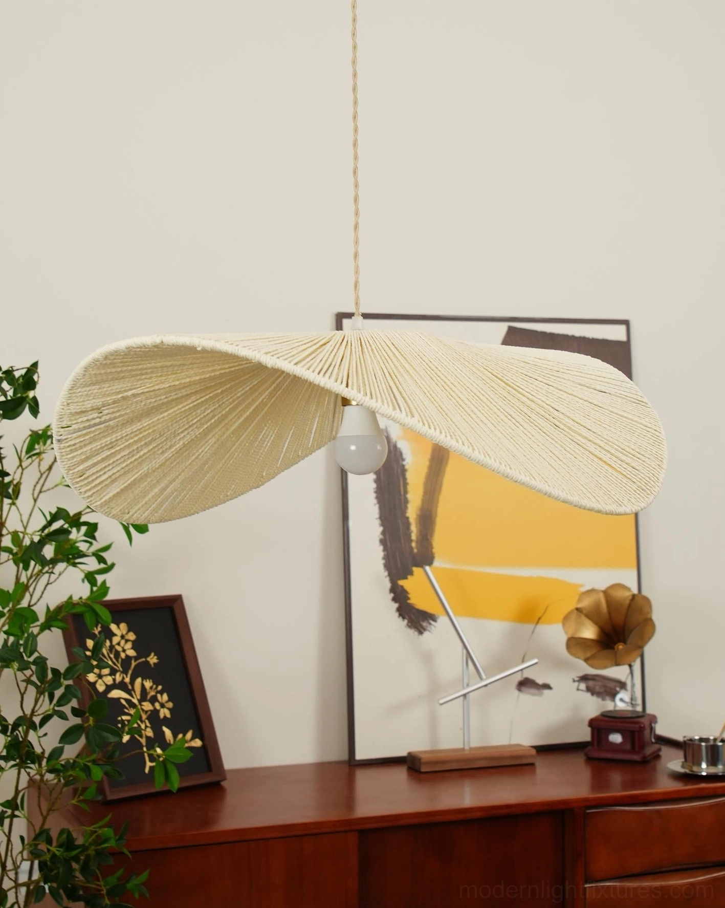 Detailed view of handwoven hemp rope straw hat pendant light showing intricate lattice weaving pattern